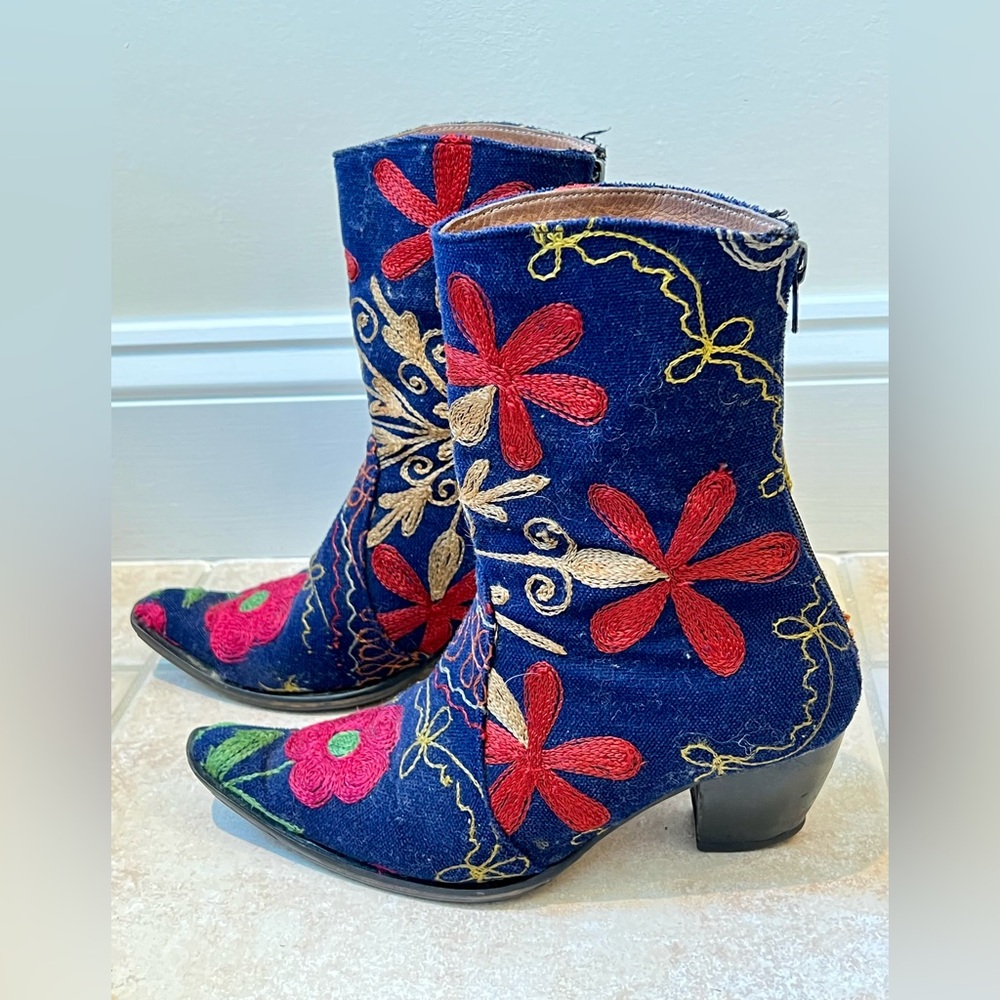 Navy Embroidered Floral Ankle Booties with Red Accents